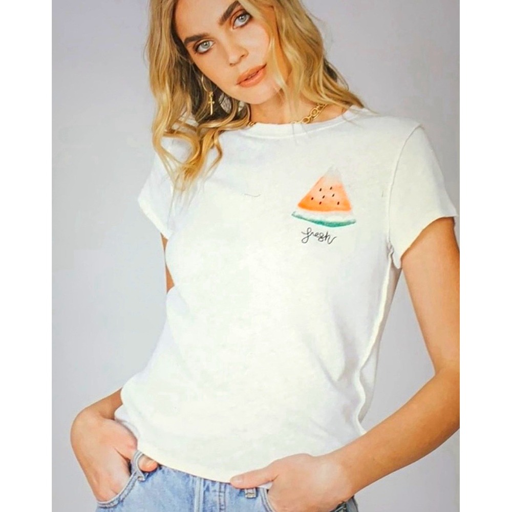 We The Free Free People Fresh Watermelon Graphic Tee White Short Sleeve Size M